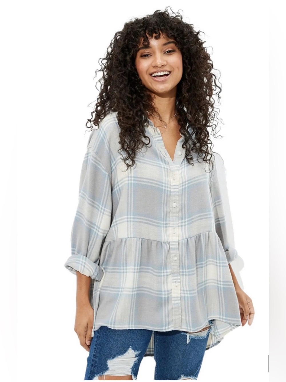 American Eagle Womens Flannel Small Plaid Peplum babydoll Tunic High Low Shirt